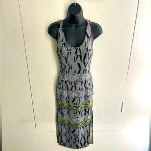 silence + noise Black and White Geometric Knit Midi Dress with Green Accents